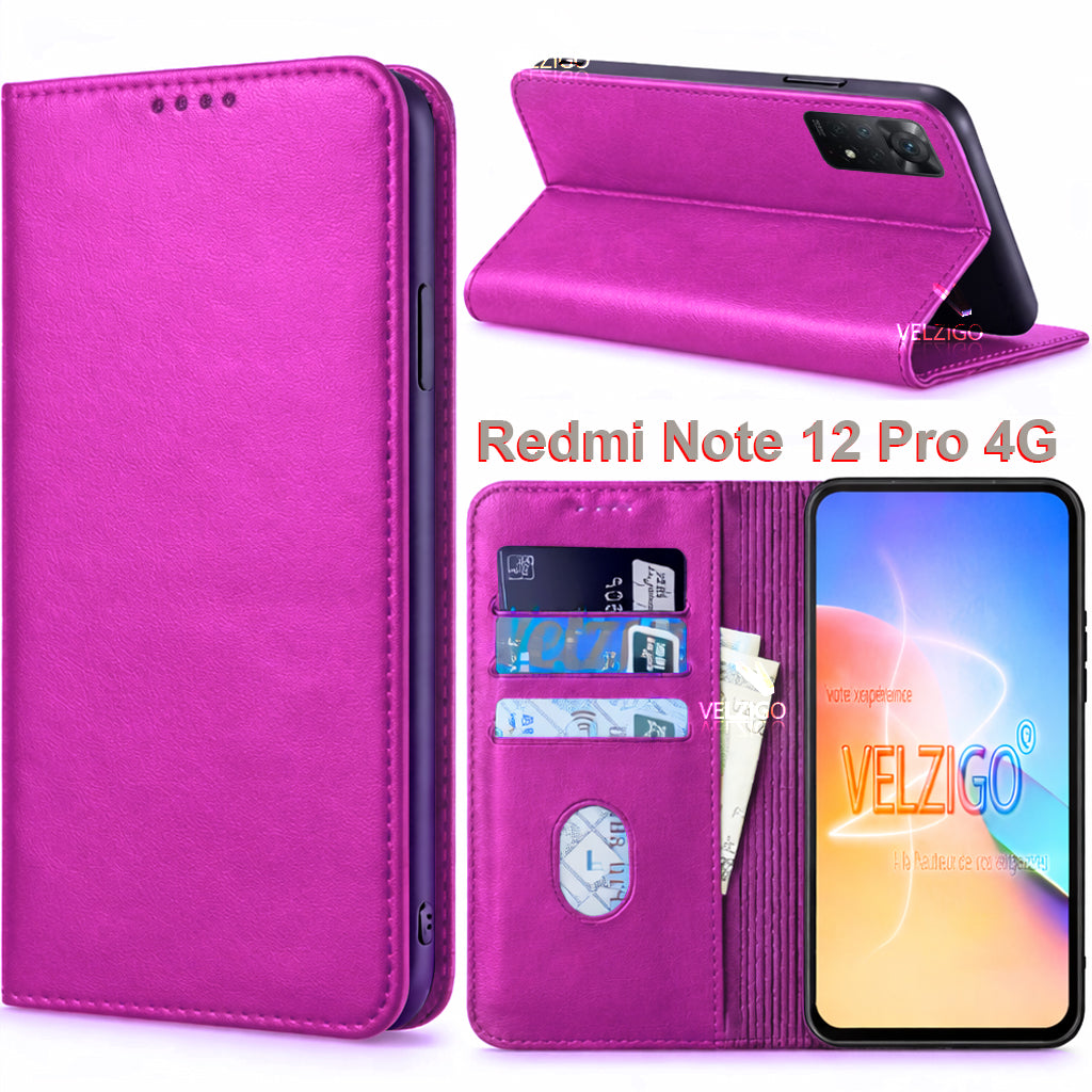 Coque portefeuille rose en cuir PU pour Xiaomi Redmi Note 12 Pro 4G, protection complète avec compartiments cartes - Velzigo