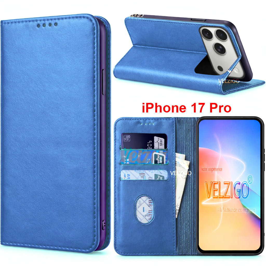 Coque portefeuille luxe bleue pour iPhone 17 Pro avec support intégré et 3 compartiments cartes - Collection Velzigo