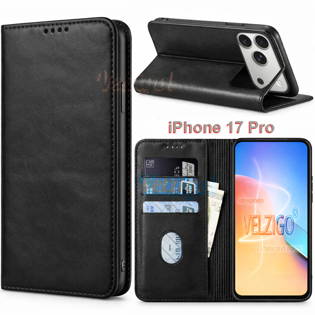 Coque portefeuille luxe noire pour iPhone 17 Pro, cuir PU mat avec support intégré et rangement 3 cartes - Collection Velzigo