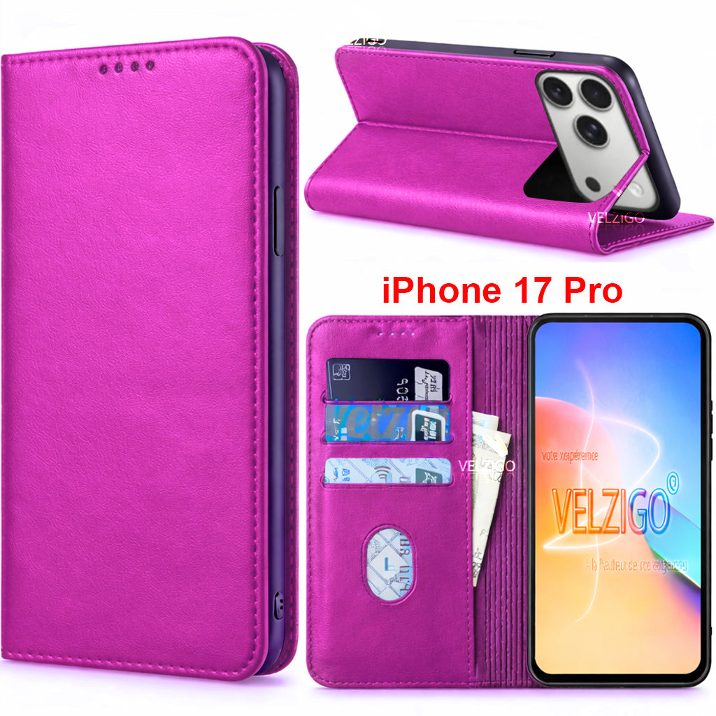 Coque portefeuille luxe rose poudré pour iPhone 17 Pro avec support intégré et rangement 3 cartes - Collection Velzigo