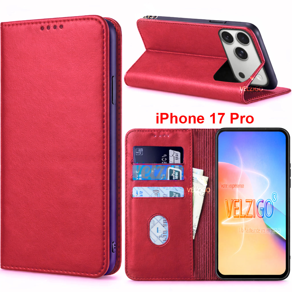 Coque portefeuille luxe rouge pour iPhone 17 Pro, cuir PU premium avec support intégré et rangement 3 cartes - Velzigo