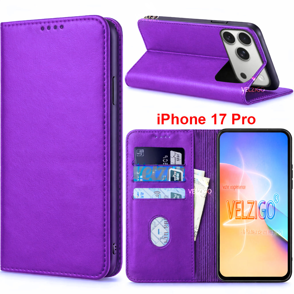 Coque portefeuille luxe violet pour iPhone 17 Pro avec support intégré et compartiments cartes - Collection Velzigo
