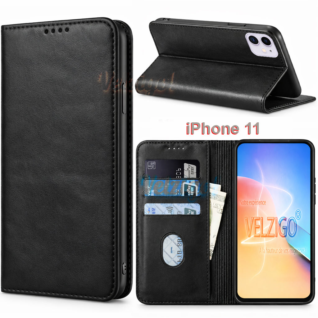 Coque portefeuille iPhone 11 noir élégante en cuir PU avec compartiments cartes - Protection complète Velzigo