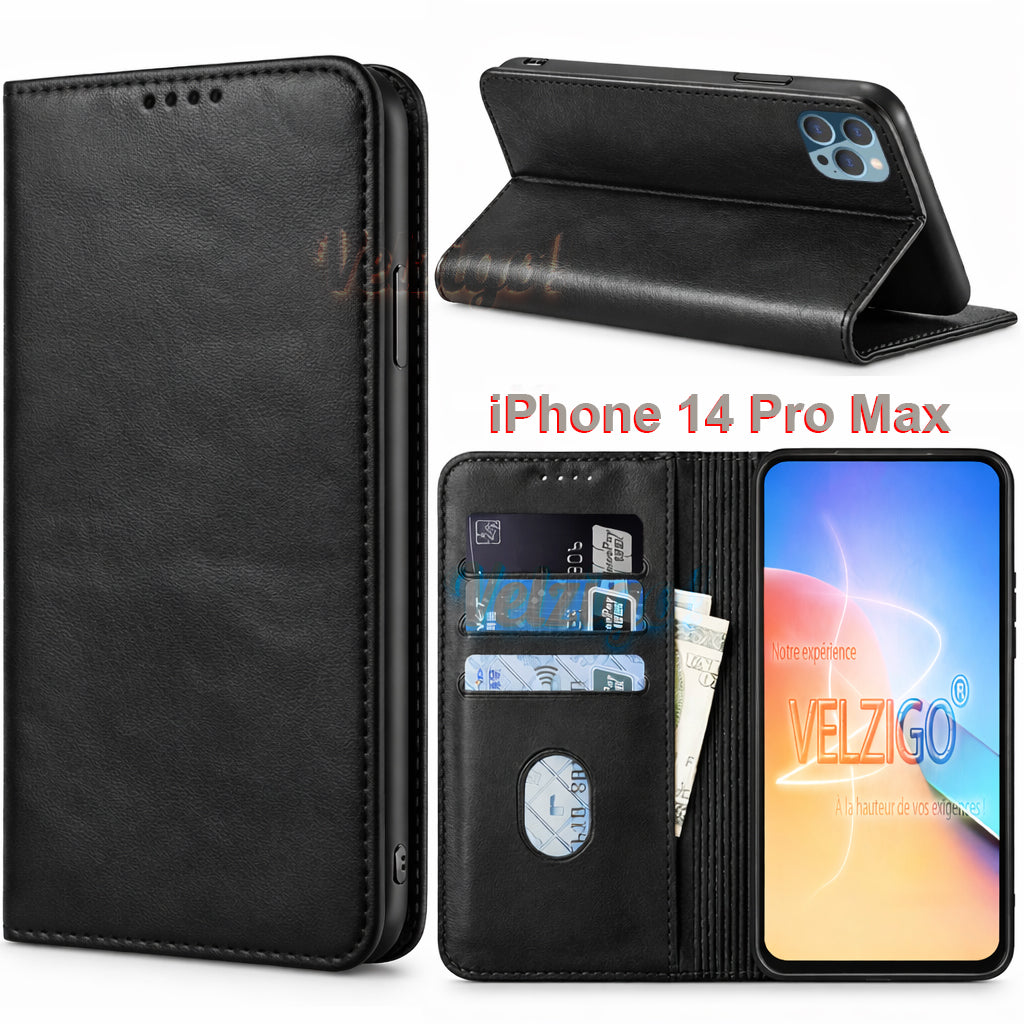 Coque portefeuille magnétique noire premium pour iPhone 14 Pro Max, protection élégante avec 3 emplacements cartes - Velzigo