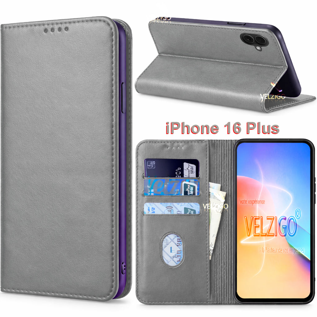 Coque portefeuille élégante grise pour iPhone 16 Plus, protection complète avec compartiments pour cartes - Collection Velzigo