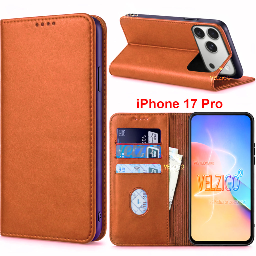 Coque portefeuille luxe marron pour iPhone 17 Pro. Protection 360°, rangement 3 cartes, support intégré. Cuir PU premium. Découvrez la collection Velzigo.