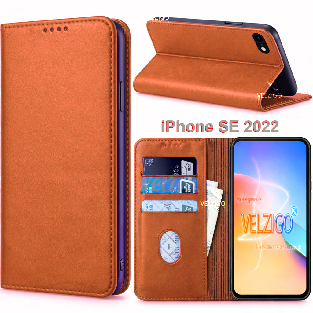 Coque portefeuille en cuir PU marron pour iPhone SE 2022 avec protection écran intégrée et 3 emplacements cartes - Velzigo