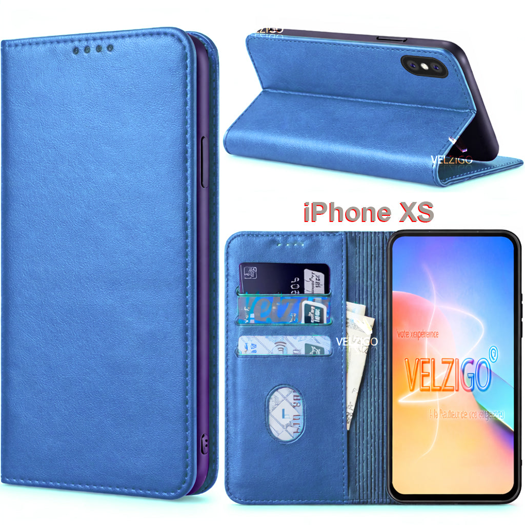 Coque portefeuille bleue pour iPhone XS, protection cuir PU avec compartiments pour cartes - Accessoire mobile Velzigo