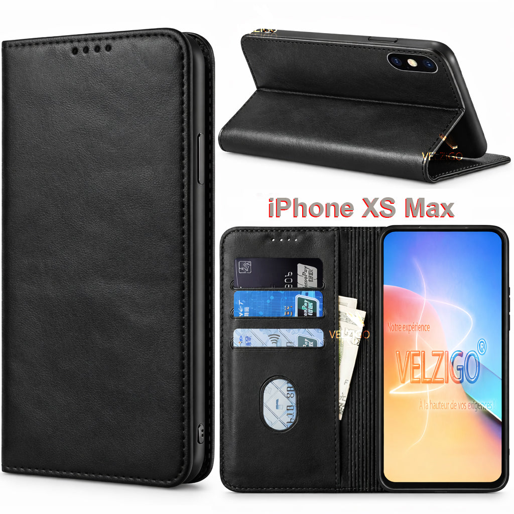 Coque portefeuille iPhone XS Max noir en cuir PU Velzigo, protection complète avec compartiments pour cartes, fermeture magnétique