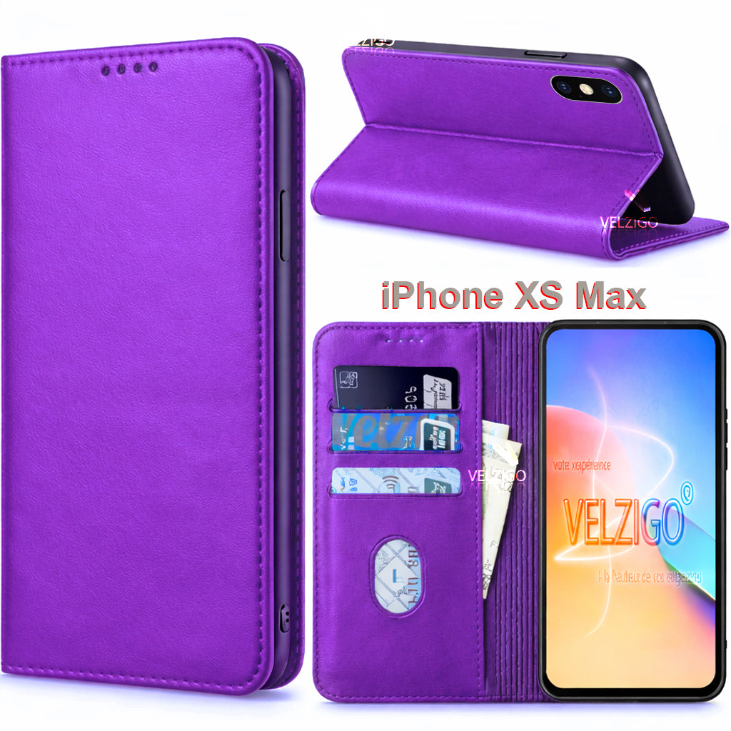 Coque portefeuille iPhone XS Max couleur violet élégante en cuir PU, protection complète avec compartiments pour cartes - Accessoire Velzigo