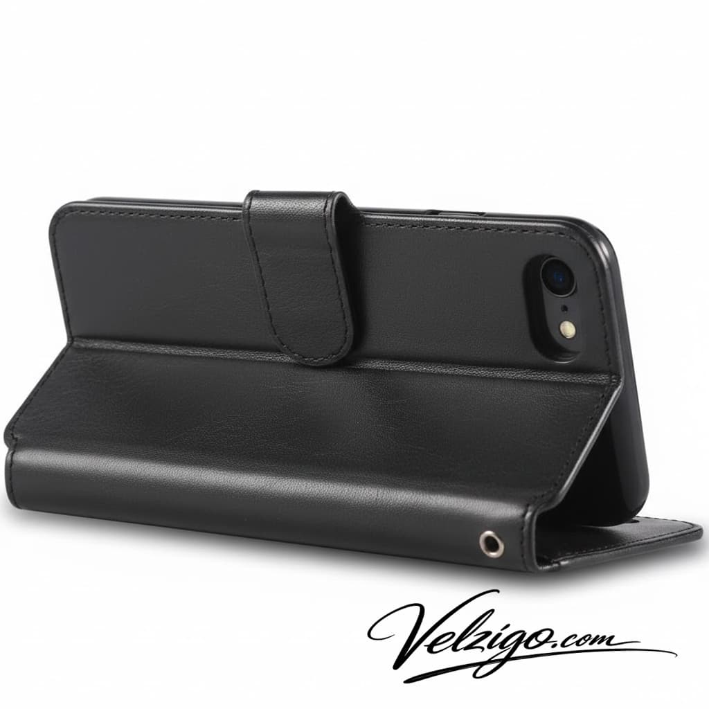 Housse portefeuille noire premium pour iPhone 8, protection complète avec compartiments cartes intégrés - Velzigo Accessoires