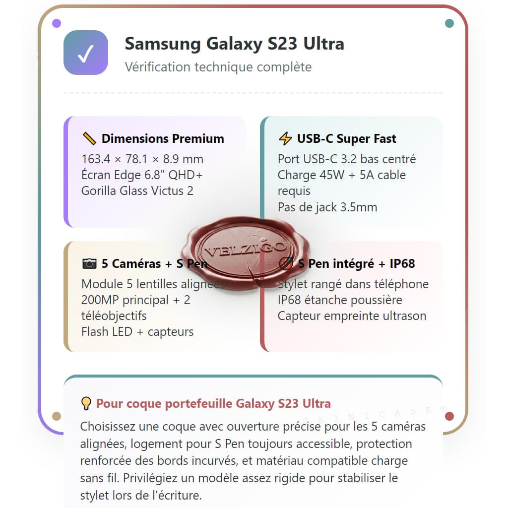 Infographie avantages étui portefeuille Velzigo Galaxy S23 Ultra - Protection 360°, rangement 3 cartes, aimant puissant, design professionnel