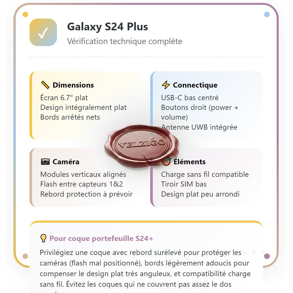 Schéma protection étui portefeuille Velzigo Samsung Galaxy S24 Plus - Bords surélevés, fermeture magnétique, doublure microfibre anti-rayures