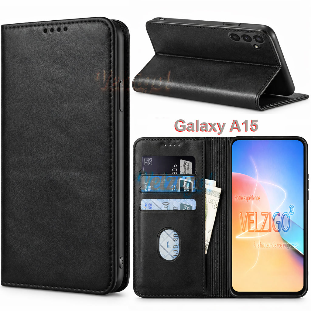 Étui portefeuille en cuir PU élégant pour Samsung Galaxy A15 avec compartiments cartes et fonction support - Accessoire Velzigo