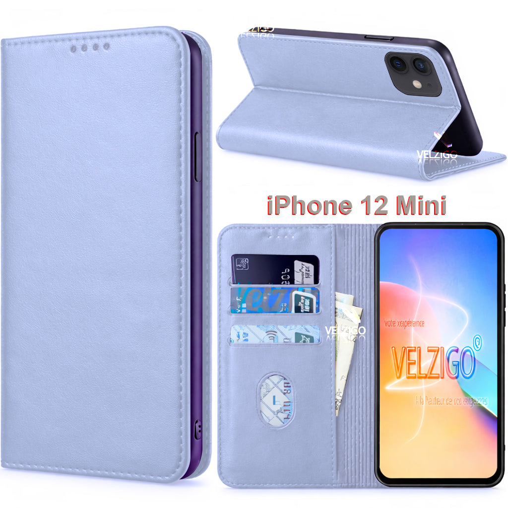 Coque portefeuille blanche en cuir PU pour iPhone 12 Mini, design élégant avec compartiments cartes - Collection Velzigo