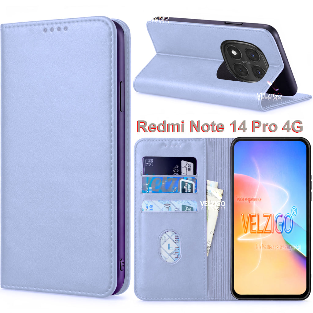 Coque portefeuille blanche élégante pour Xiaomi Redmi Note 14 Pro 4G, protection complète écran 6.67 pouces avec compartiments cartes - Velzigo