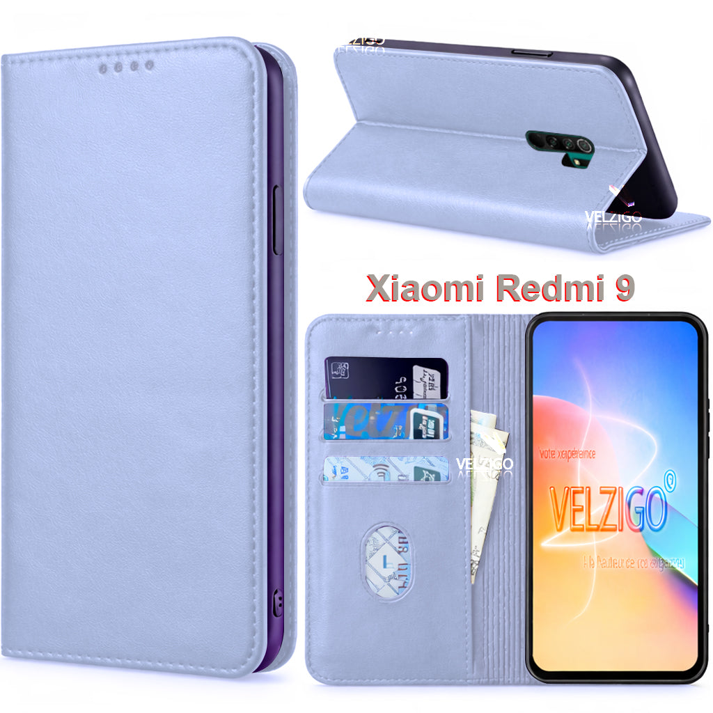 Coque portefeuille blanche élégante pour Xiaomi Redmi 9, protection complète avec compartiments cartes - Accessoire mobile premium Velzigo
