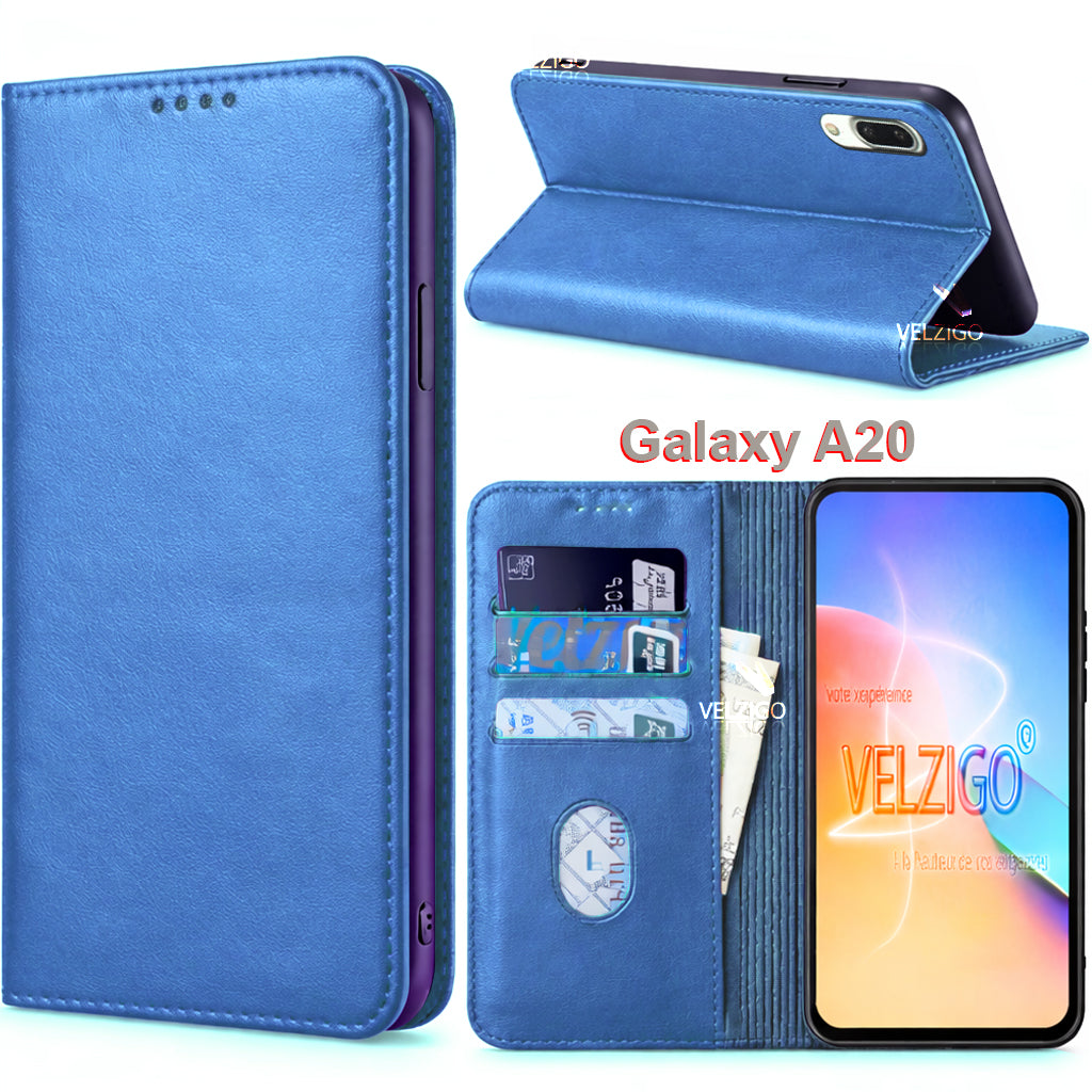 Coque portefeuille bleu marine pour Samsung Galaxy A20, protection cuir PU avec compartiments cartes - Accessoire mobile Velzigo