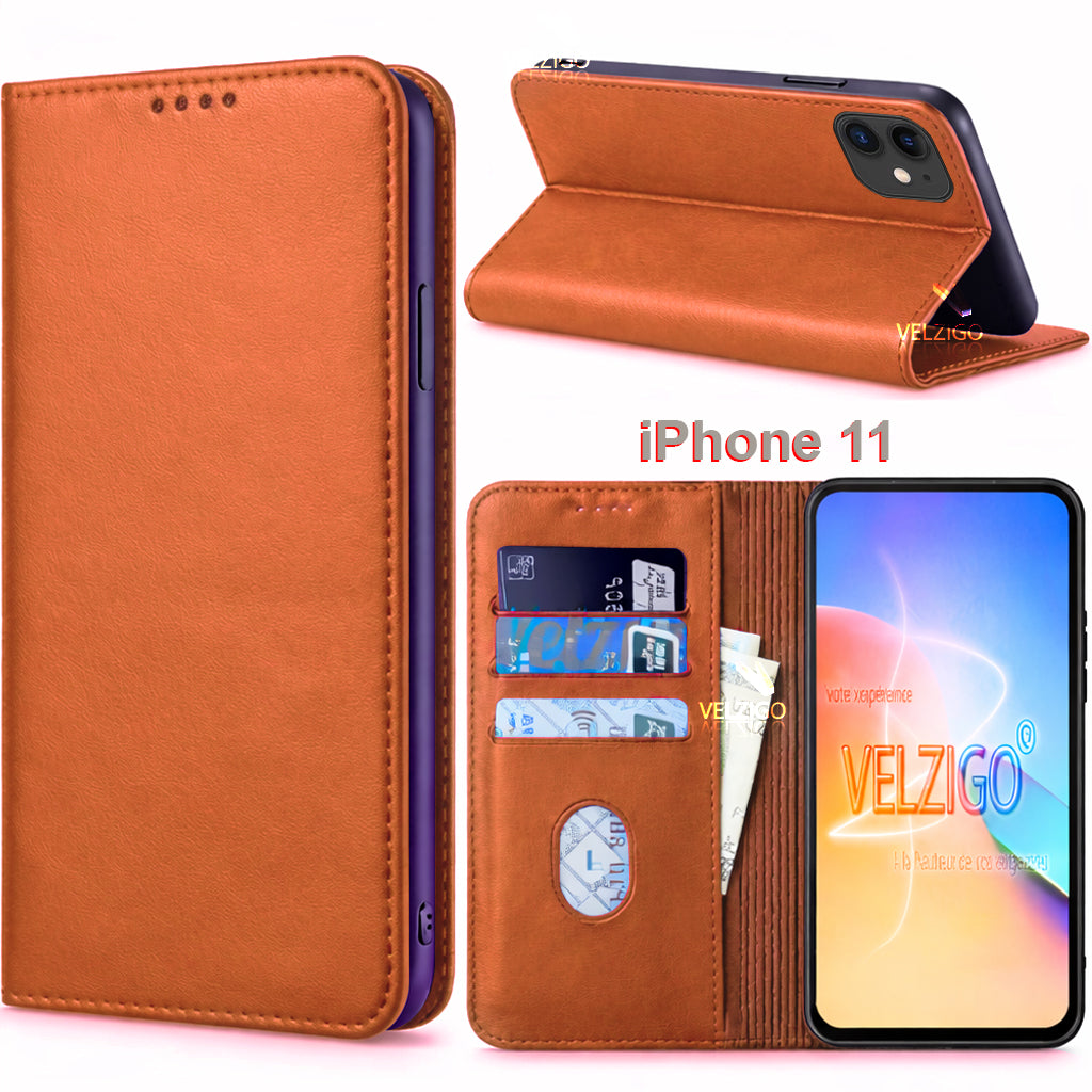 Coque portefeuille en cuir marron pour iPhone 11, protection avec compartiments cartes, design classique élégant - Velzigo