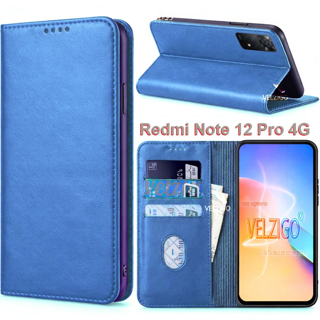 Coque portefeuille bleue en cuir PU pour Xiaomi Redmi Note 12 Pro 4G, étui de protection avec compartiments pour cartes - Velzigo