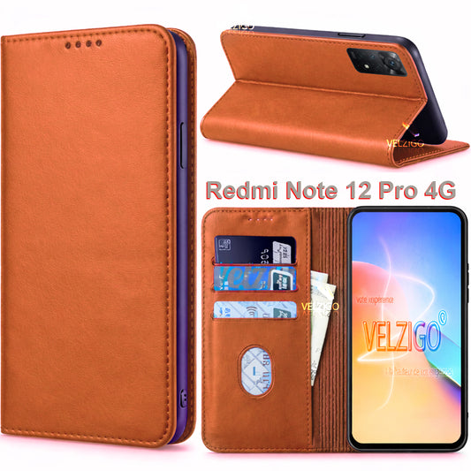 Coque portefeuille élégante en cuir PU marron pour Xiaomi Redmi Note 12 Pro 4G, protection complète avec 3 emplacements cartes - Velzigo