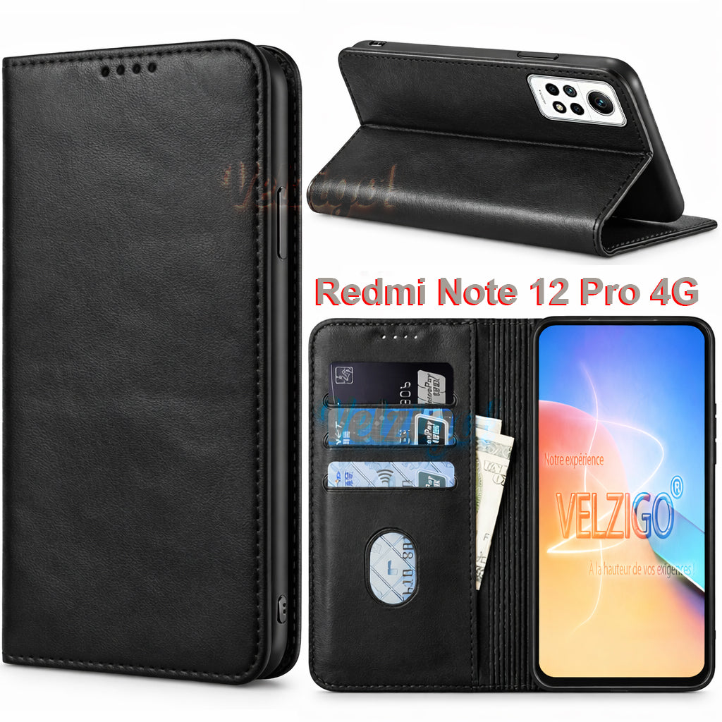 Coque portefeuille cuir PU noir pour Xiaomi Redmi Note 12 Pro 4G, protection complète avec compartiments cartes intégrés - Velzigo