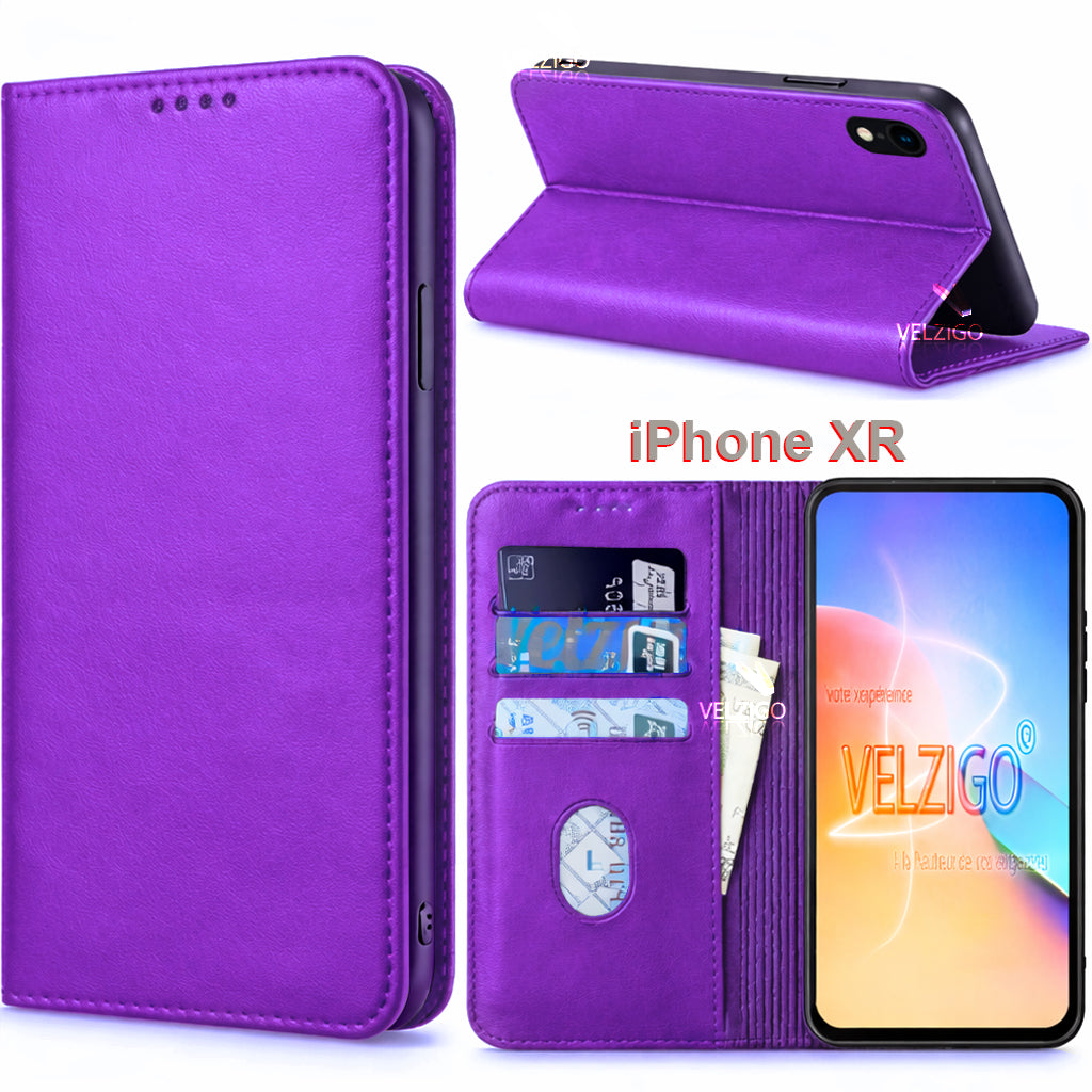 Coque portefeuille iPhone XR violet en cuir PU, protection complète avec 3 emplacements cartes - Collection Velzigo