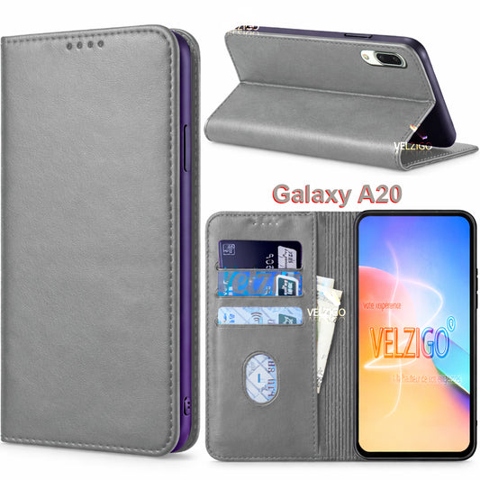 Coque portefeuille grise anthracite pour Samsung Galaxy A20, protection élégante avec porte-cartes - Velzigo