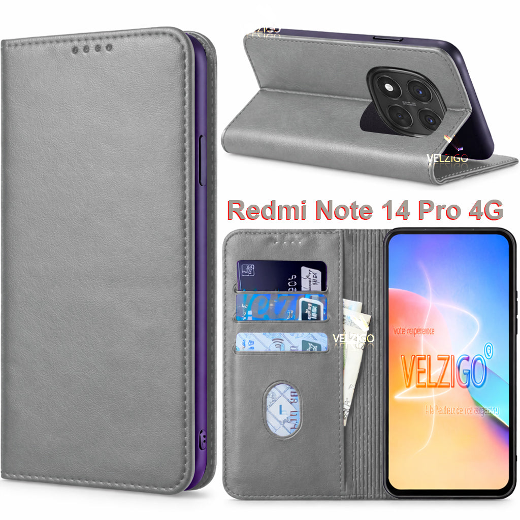 Coque portefeuille gris élégante pour Xiaomi Redmi Note 14 Pro 4G, protection écran 6.67 pouces avec compartiments cartes - Accessoire premium Velzigo