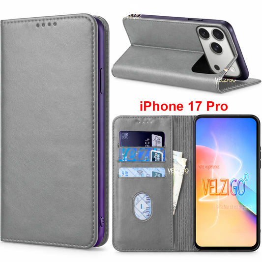 Coque portefeuille luxe gris pour iPhone 17 Pro avec support intégré et rangement 3 cartes - Collection Velzigo