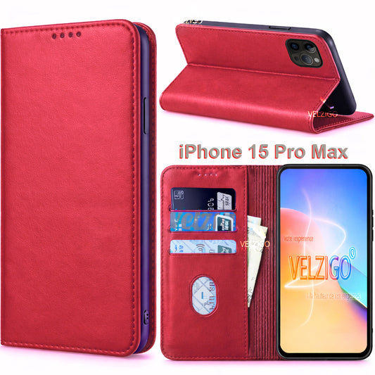 Coque portefeuille luxe rouge iPhone 15 Pro Max, protection élégante avec compartiments cartes - Accessoire premium Velzigo
