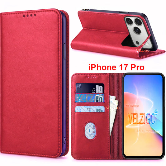 Coque portefeuille luxe rouge pour iPhone 17 Pro, cuir PU premium avec support intégré et rangement 3 cartes - Velzigo