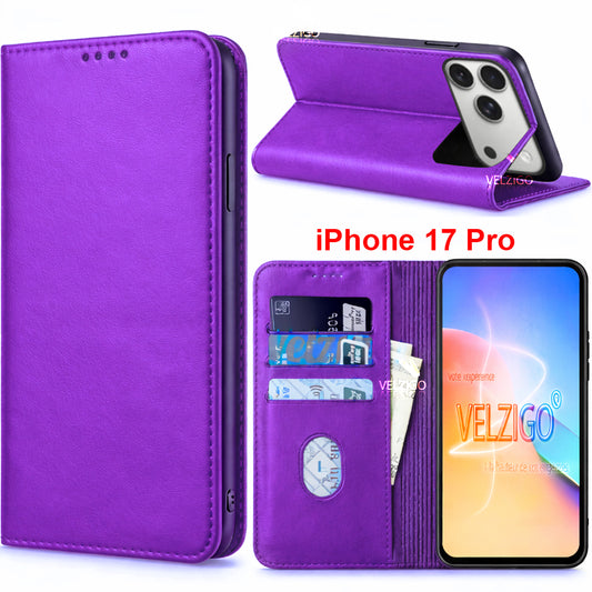 Coque portefeuille luxe violet pour iPhone 17 Pro avec support intégré et compartiments cartes - Collection Velzigo