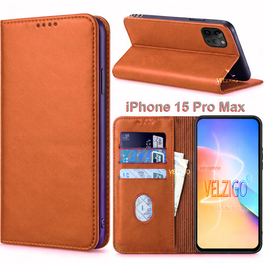 Coque portefeuille luxe couleur marron pour iPhone 15 Pro Max, cuir PU premium avec compartiments cartes - Velzigo