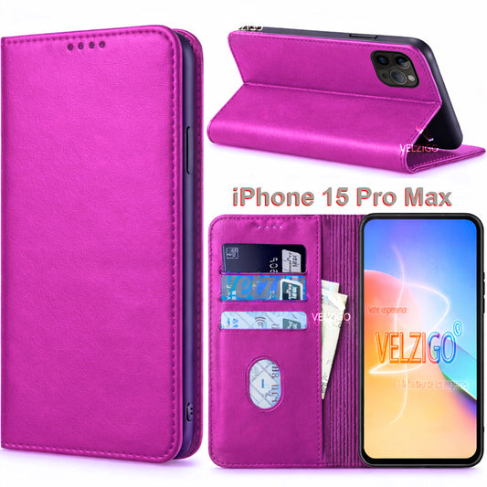 Coque portefeuille luxe rose pour iPhone 15 Pro Max, protection élégante avec compartiments cartes - Collection Velzigo