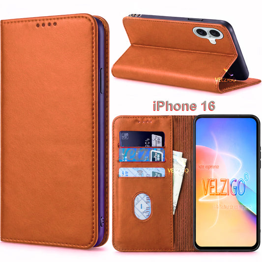 Coque portefeuille luxe marron cuir grainé pour iPhone 16, protection complète avec compartiments cartes - Collection Velzigo