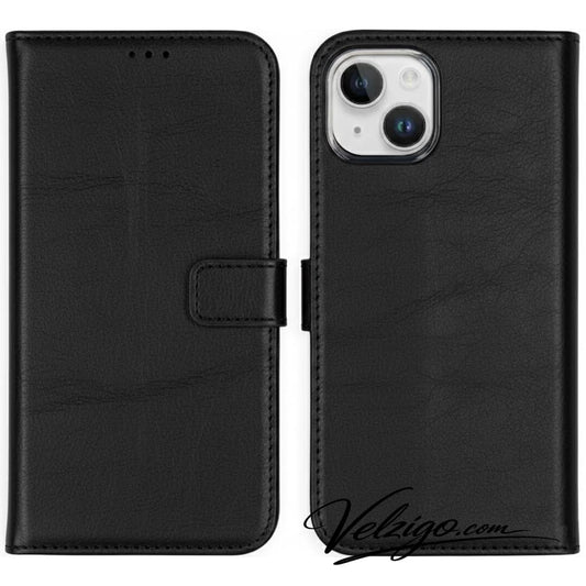 Coque portefeuille noire luxueuse pour iPhone 15 Plus, étui premium de protection avec compartiments cartes - Collection Velzigo Elite