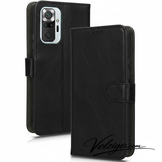 Coque portefeuille noire premium pour Xiaomi Redmi Note 10 Pro, protection luxueuse avec compartiments cartes intégrés - Accessoire mobile Velzigo