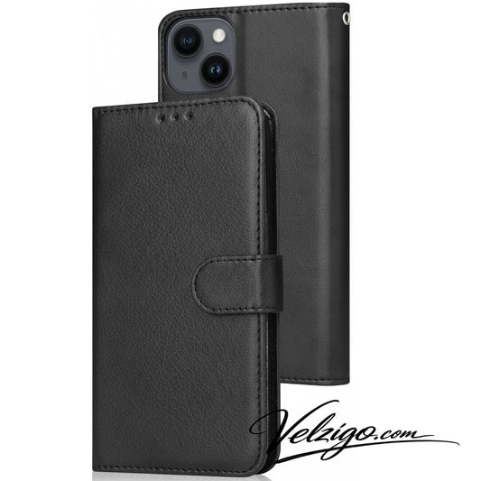 Coque portefeuille noire premium pour iPhone 13 mini, étui de protection élégant avec compartiments cartes - Collection Velzigo