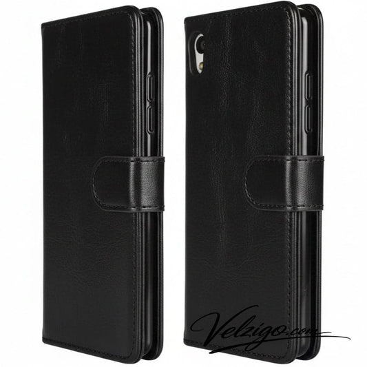Coque portefeuille noire premium pour Sony Xperia Z5, étui de protection avec compartiments cartes intégrés - Collection Velzigo
