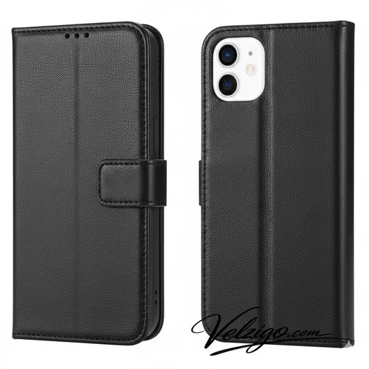 Étui portefeuille noir premium pour iPhone 12, protection complète avec compartiments cartes et aimant intégré - Collection Velzigo MagSafe Compatible
