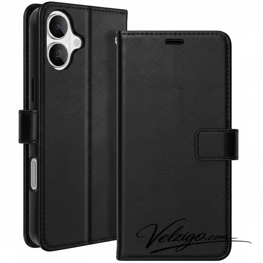 Étui portefeuille noir premium pour iPhone 16 Plus, protection luxueuse avec compartiments intégrés - Accessoire Velzigo