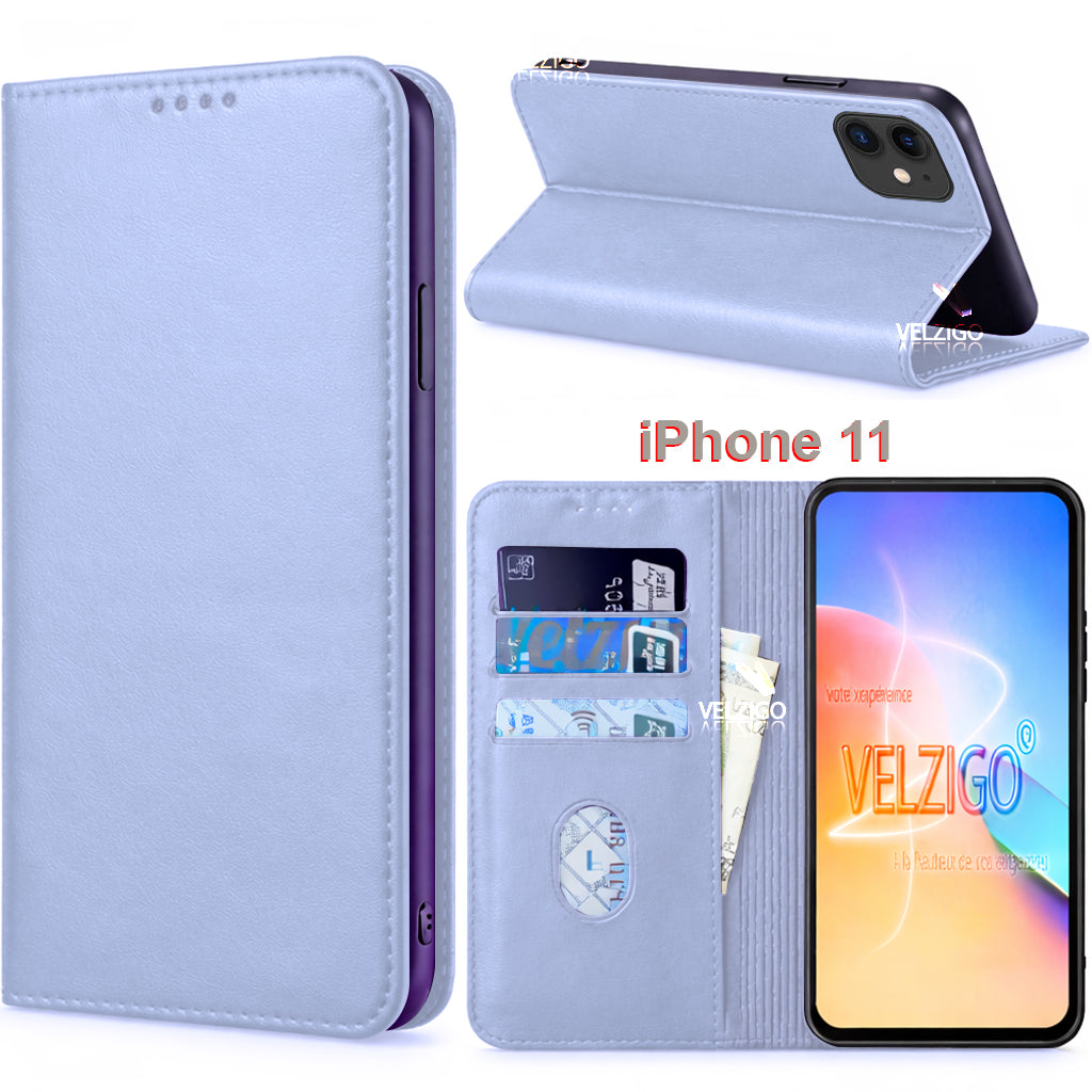 Coque portefeuille blanche pour iPhone 11 en cuir PU premium, protection complète avec compartiments cartes - Collection Velzigo