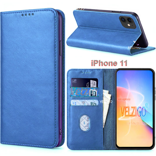 Coque portefeuille iPhone 11 couleur bleu élégante, protection complète avec compartiments pour cartes - Accessoire mobile Velzigo