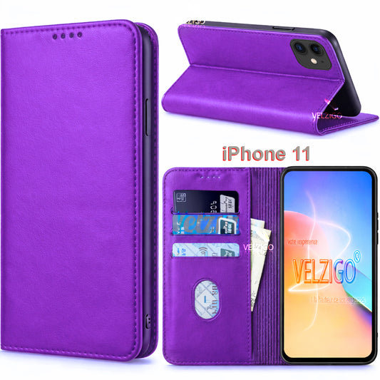 Coque portefeuille violette élégante pour iPhone 11, protection complète avec compartiments cartes - Design Velzigo