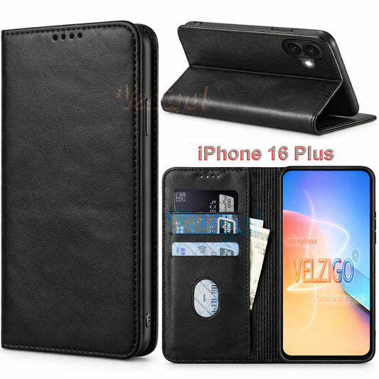 Coque portefeuille élégante noire pour iPhone 16 Plus, protection cuir PU avec compartiments pour cartes et billets - Marque Velzigo