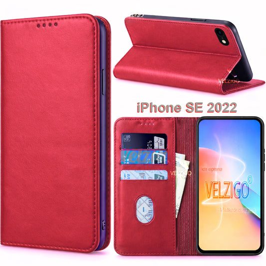 Coque portefeuille rouge en cuir PU pour iPhone SE 2022, protection intégrée avec 3 emplacements cartes - Marque Velzigo