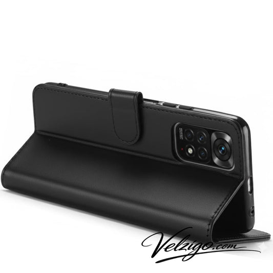 Coque portefeuille noire sophistiquée pour Xiaomi Redmi Note 12 Pro 4G, protection premium avec compartiments cartes intégrés - Velzigo Design