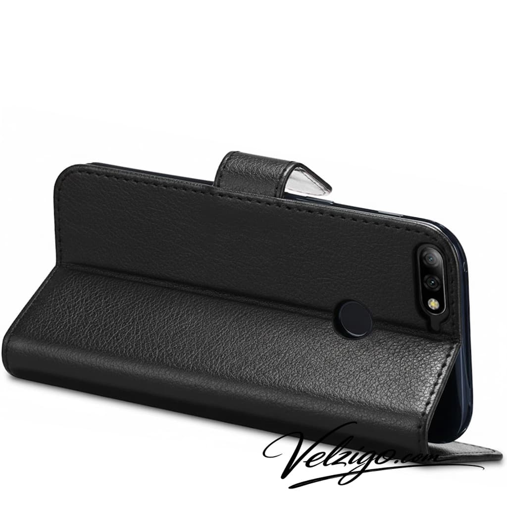 Housse portefeuille noire élégante pour Honor 7A, protection complète avec compartiments cartes intégrés - Accessoire mobile Velzigo