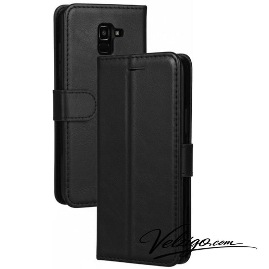 Housse portefeuille noir élégante pour Samsung Galaxy J6 2018, protection complète avec compartiments cartes intégrés
